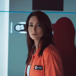 a woman with a red jacket is standing near an abstract background