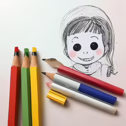 crayons surround pencils with a drawing of a girl