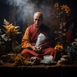 a man sitting down surrounded by flowers on a table