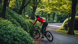 a bicyclist on a path in the park in the fall