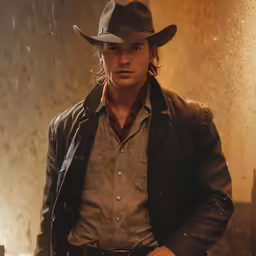 a young man in a cowboy hat with his arms crossed