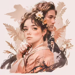 a woman wearing flower in her hair standing next to a man