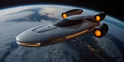 an futuristic car flying in the sky above earth