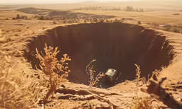 a jeep is sitting at the base of a crack in the ground