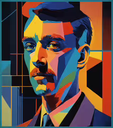 a photo with an abstract geometric style of a man,an abstract portrait with blue and orange squares
