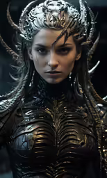 an elf woman with horns and horns, wearing a costume
