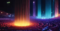 fire in the middle of an empty theater,a stage with large columns of fire and auditorium seats