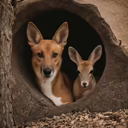 two baby deers peek out from inside of a rock