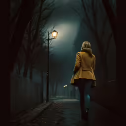 woman in a yellow jacket and dark alley