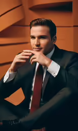 a man wearing a black suit and red tie