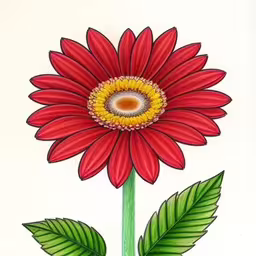 the flower is bright red with green leaves,a flower is shown with a yellow center on it,a drawing of a flower with one stem in the center and two leaves sticking out from it,a drawing of a red flower with green leaves,a flower with green leaves and a orange center