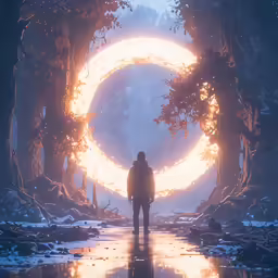 a person standing in front of an orange and white circular object