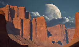 the moon is setting over desert mountains at dusk