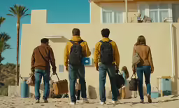 four people in jackets walking down a sidewalk