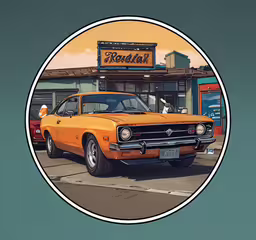a cartoon drawing of an orange car on the street,an image of a car on the street