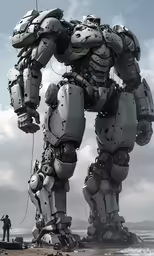 some white robots are on a beach with the water