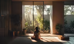 a woman sitting on a floor in a room looking out the window