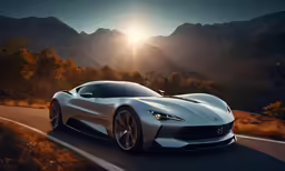 a supercar is driving down the road on a sunny day