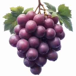 a bunch of grapes on top of a branch with leaves