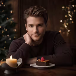 the man is sitting by the table looking at the cake with raspberry on top