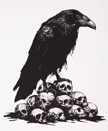 a raven on top of a pile of skulls,black bird sitting on top of a pile of skulls