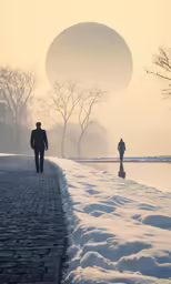 there is a man that is walking on the sidewalk in the snow