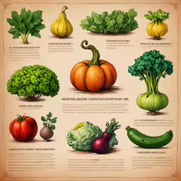 this antique vegetable print shows the various vegetables that are grouped together,a chart of vegetables including broccoli, cauliflower, carrots and squash