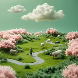 man walking through lush green hills and flowers under pink trees