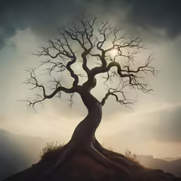 a bare tree with some branches on top of a hill