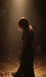 a woman standing in the middle of a dark room
