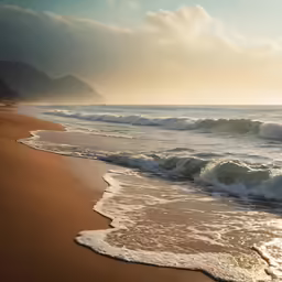 a wave rolls in to the beach at sunrise