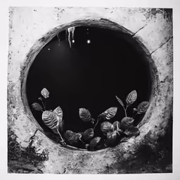 a black and white photo of leaves in the water