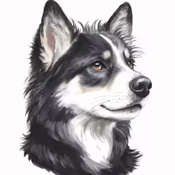 a drawing of a dog with blue eyes and a white background