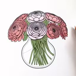 a drawing of pink and white flowers in a vase,an arrangement of flowers with a person holding a pencil,a drawing of an artistic vase filled with flowers,some pink flowers are sitting in a vase,a drawing of some flowers in a vase