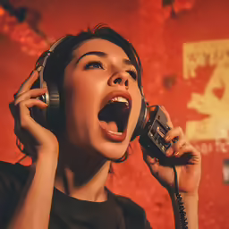 a woman on the phone is screaming with her mouth open