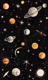 space wallpaper featuring planets and satellites in yellow and black