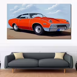 a car is shown in an orange room,a couch is shown next to a large painting on a wall