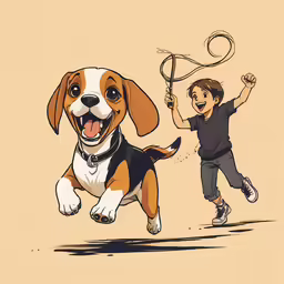 a boy holding a tennis racquet and running beside a cartoon dog