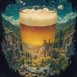 the glass is full of beer and has a painting on it