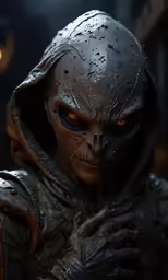 an alien man in a black suit with yellow eyes