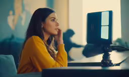 a woman sitting at a desk with her hand near her face and looking off in the distance