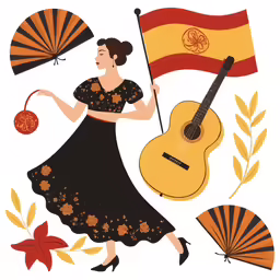 a woman is holding a flag, a fan and an orange umbrella
