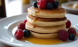 a stack of pancakes with syrup and berries