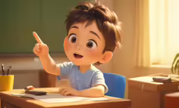 a small boy sitting at a wooden desk holding a pencil and pointing