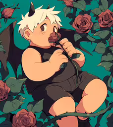 a young child is sitting in roses while holding a flower,a drawing of an infant in front of roses
