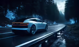a car driving on the road near the woods