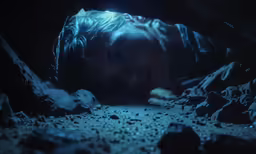 a woman lying down inside of a cave with rocks