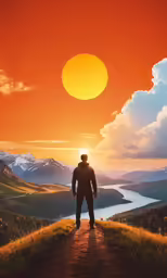 the man is standing on the hill at sunset