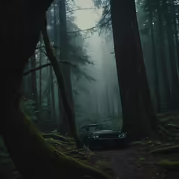 a car in the middle of a forest
