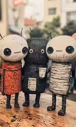 three tiny animal figurines stand on top of a wooden table